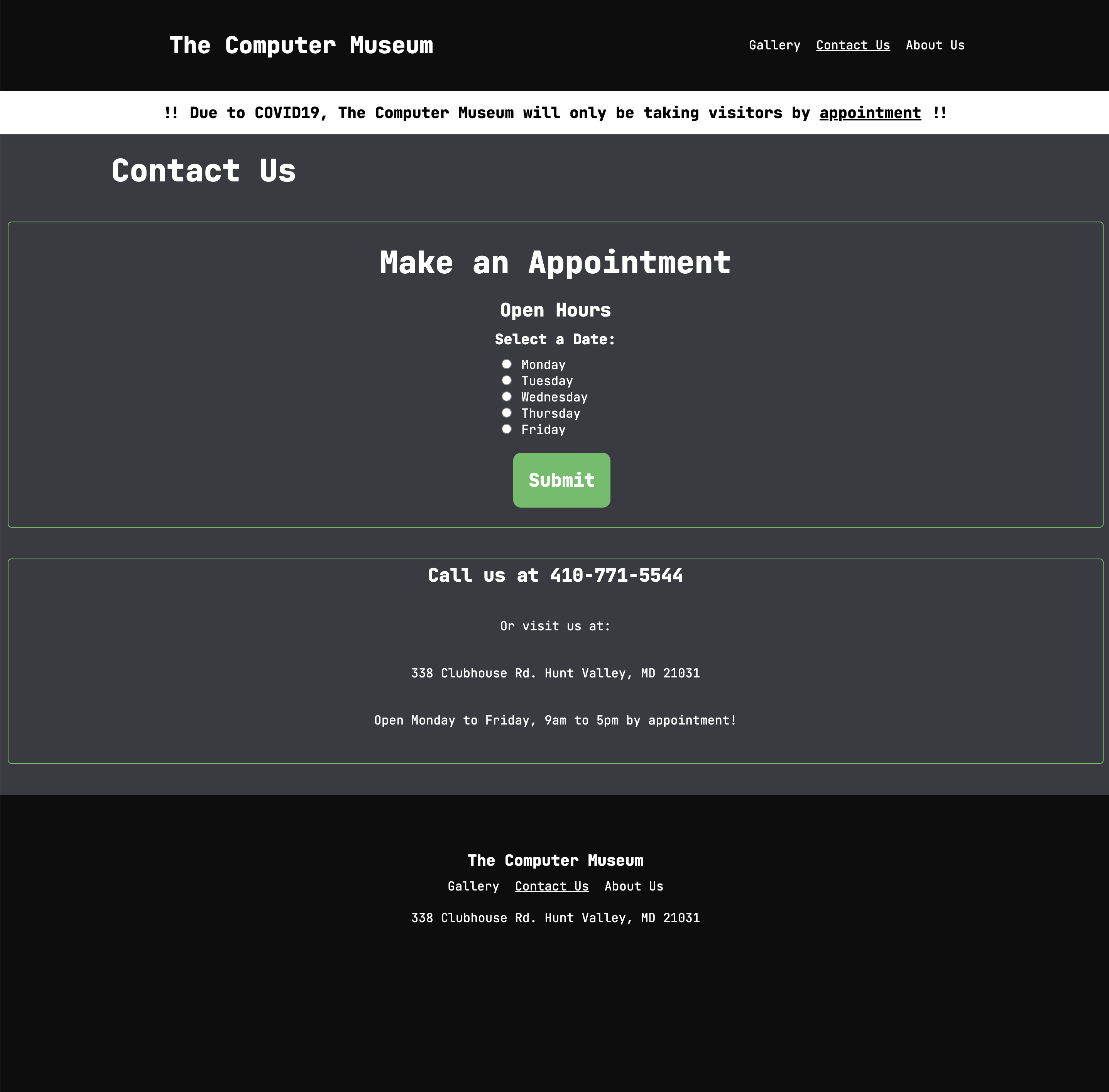 Contact page of first developed site.